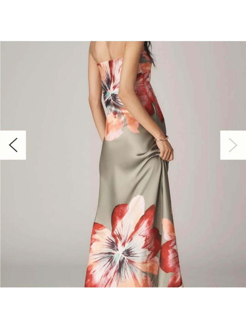 Anthropologie Strapless Floral Satin Maxi Dress in Olive and Coral Peach - Picture 2 of 3